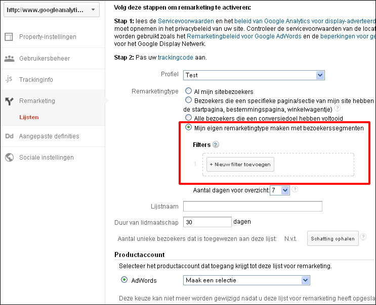 remarketing filter met bezoekerssegmenten