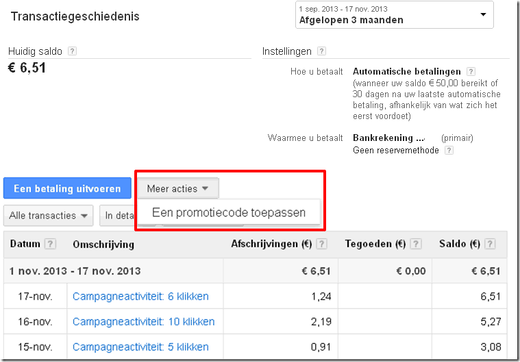 Adwords promotiecode invoeren- onder facturering