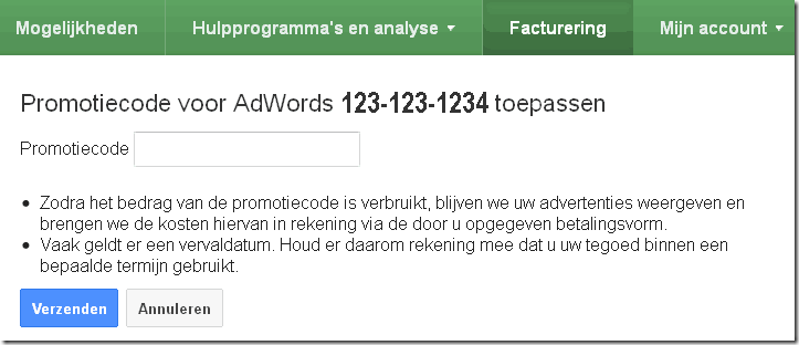 Google Adwords promotiecode invoeren-knop invoervak 