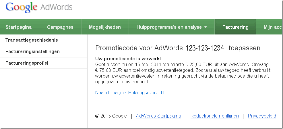 Google Adwords promotiecode ivoorwaarden advertentietegoed