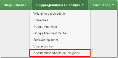 adwords menu advertentievoorbeeld en diagnose