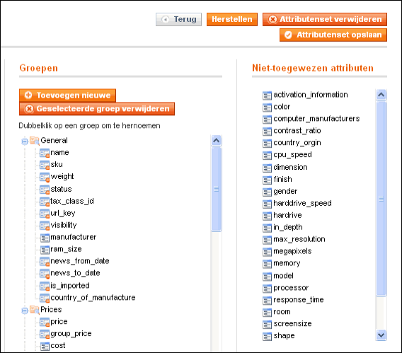 Magento attribuut set - wel en niet toegewezen attributen